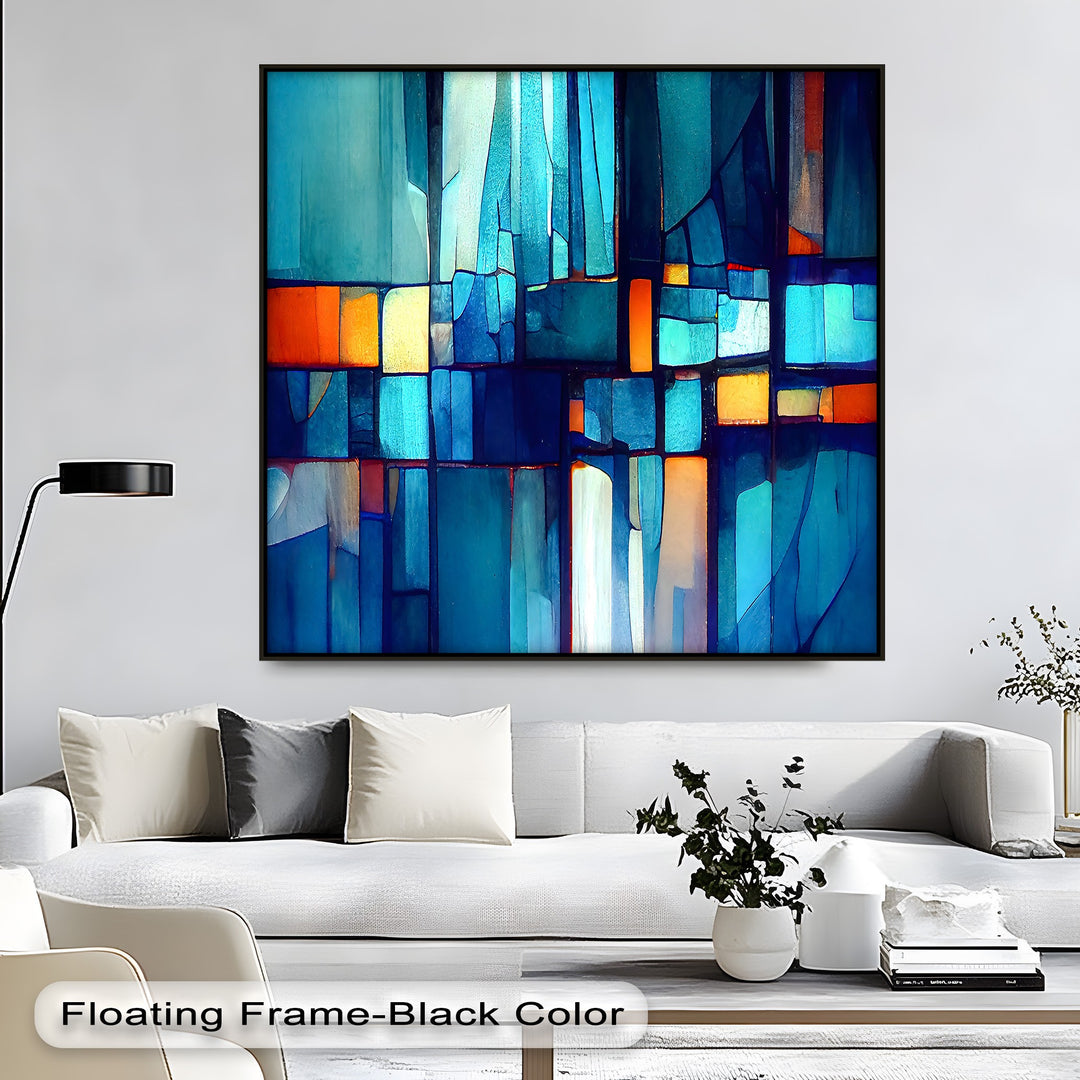 The vibrant mood of this big canvas print features a modern stained glass abstract, with geometric blocks in deep blues, fiery oranges, and sunny yellows.