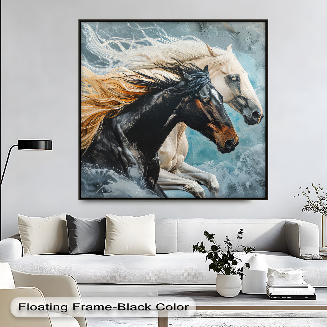 Tempest Charge – Black and White Stallions Abstract Canvas Print