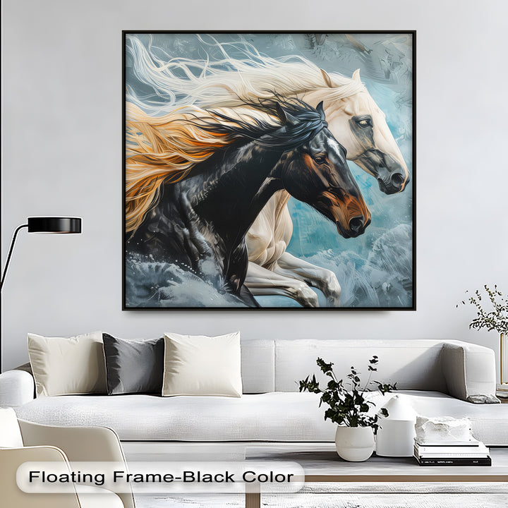 Tempest Charge – Black and White Stallions Abstract Canvas Print