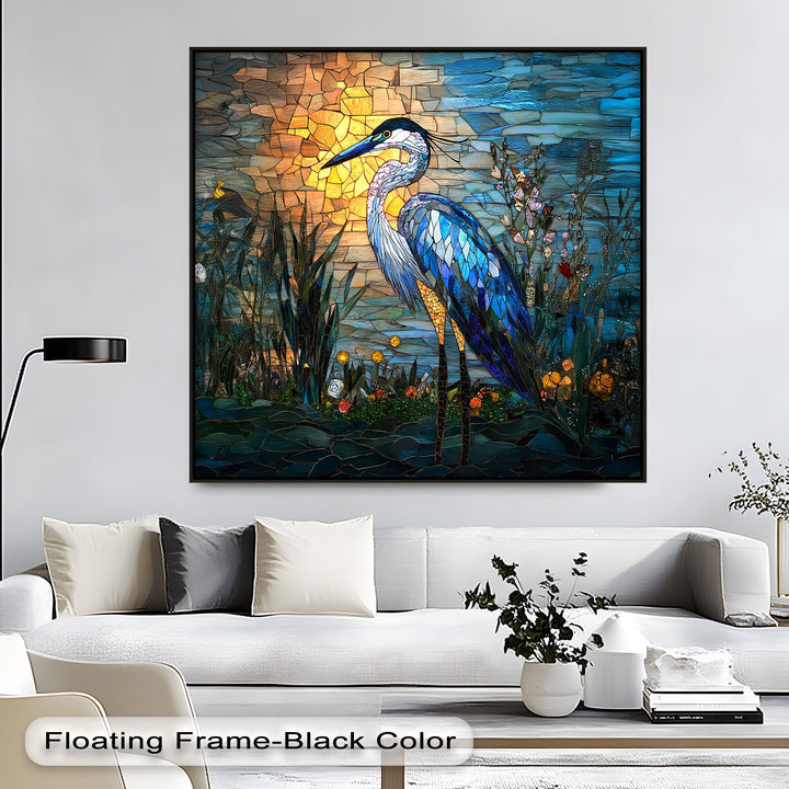 A striking stained glass heron, a piece of vibrant canvas art, stands gracefully amidst reeds against a warm, glowing sunset backdrop.