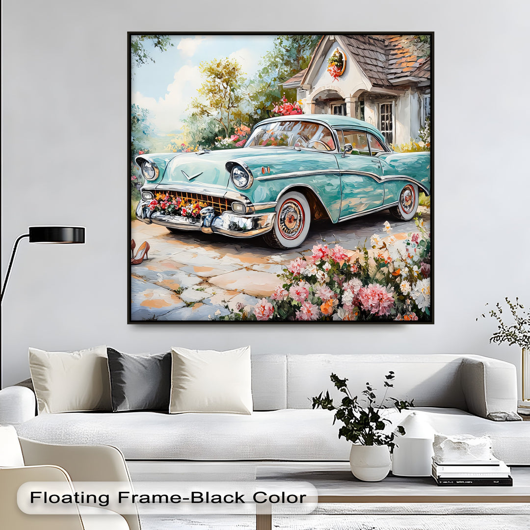 Turquoise Classic Car in Flower Garden – Car Canvas Print