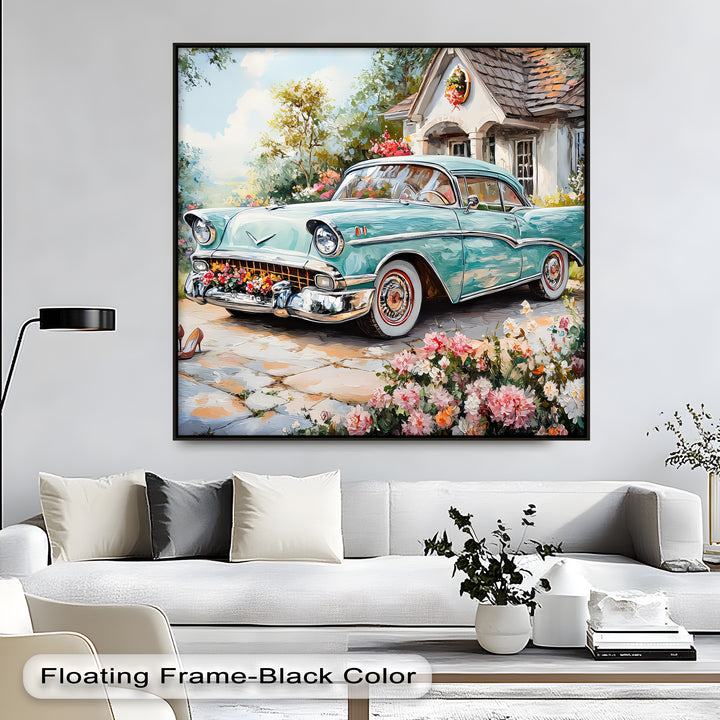 Turquoise Classic Car in Flower Garden – Car Canvas Print
