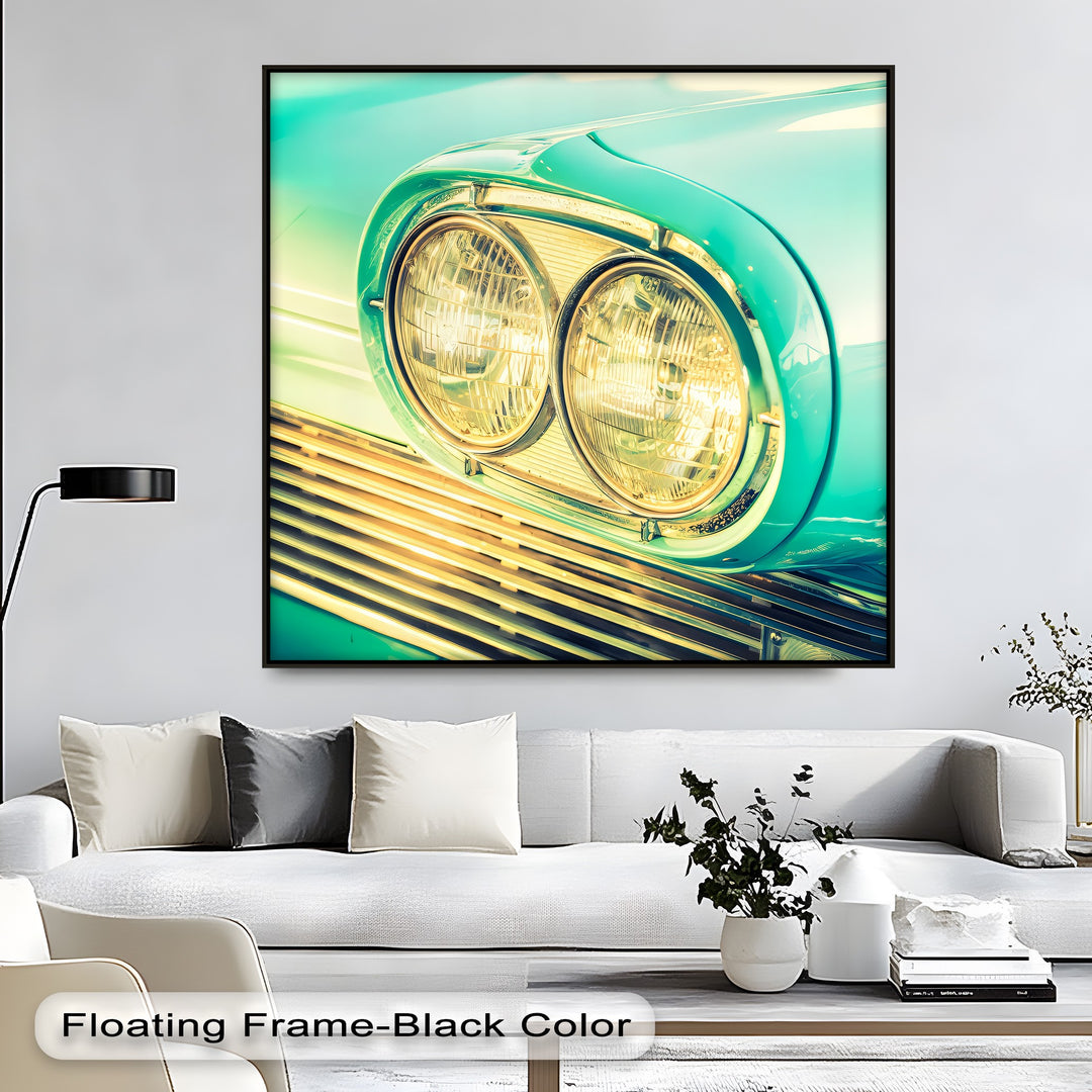 Golden Glow – Close-Up of Classic Car Headlights Canvas Print