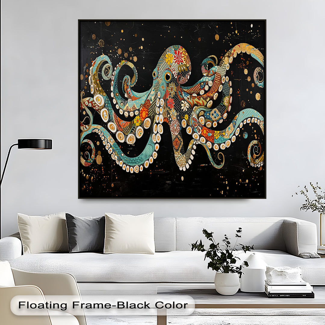 Foreground features a white sofa, cream and dark pillows, a black floor lamp, and table decor, highlighting the vibrant framed canvas.