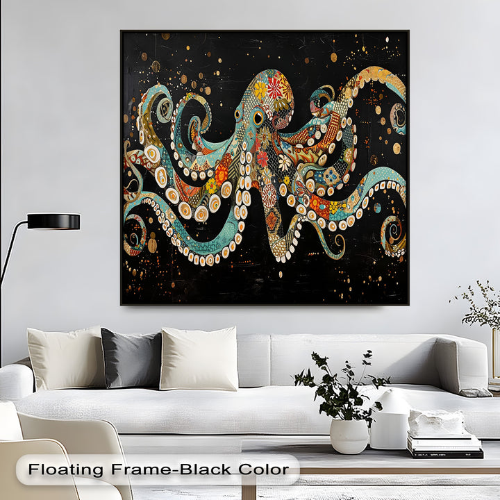 Foreground features a white sofa, cream and dark pillows, a black floor lamp, and table decor, highlighting the vibrant framed canvas.