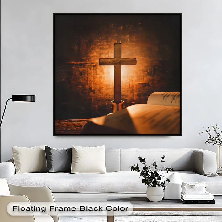 Sacred Glow – Cross and Bible in Candlelight Canvas Print