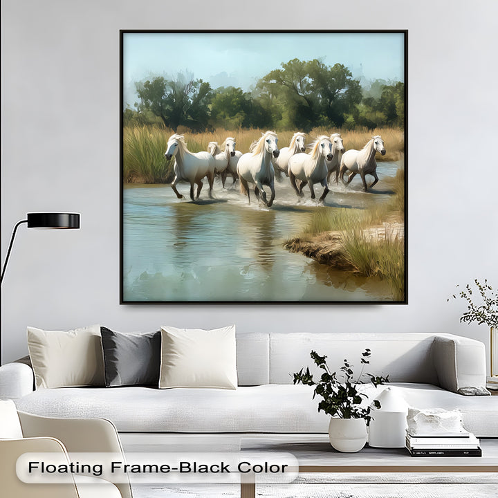 White Horses Running Through River - Horse Canvas Print