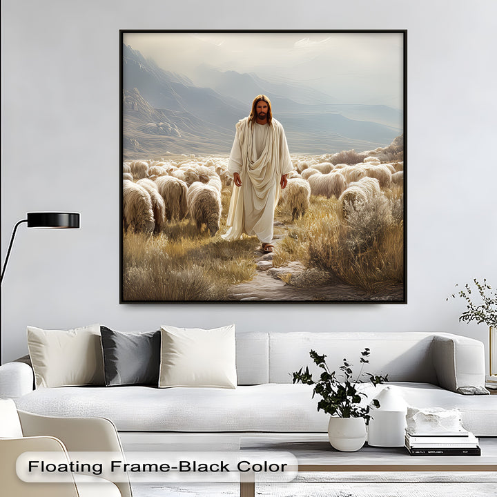 Jesus with Sheep in Mountain Valley - Religious Canvas Print