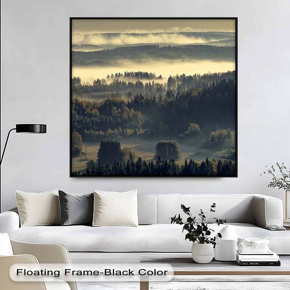 Serene valley fog scene nature wall decor

