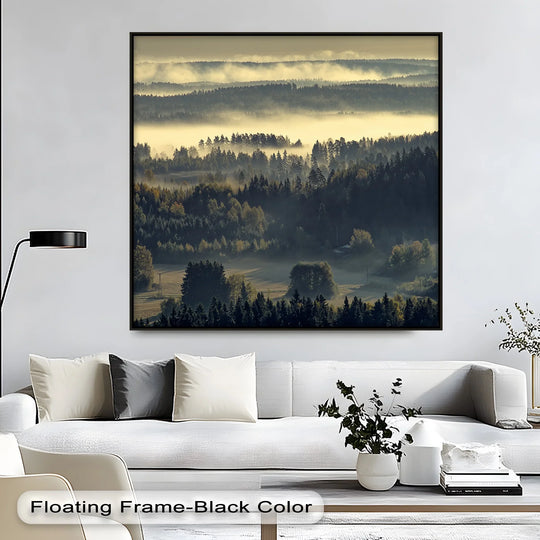 Ethereal mood evokes serenity in this landscape framed canvas print of misty forest layers, bringing a sense of calm and woodland charm to the room.