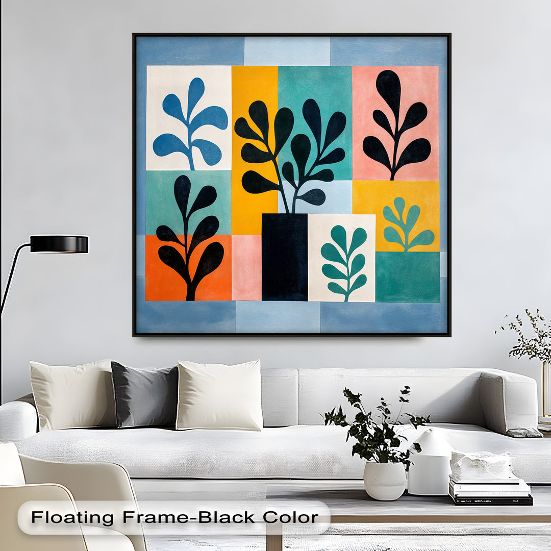 Color transitions accent the geometric plant shapes in this modern mid century botanical canvas print, enhancing its appeal as stylish canvas wall decor.