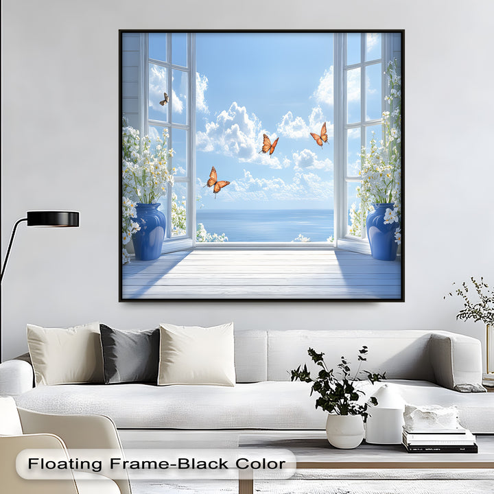 Ocean Breeze Serenity – Blue Vase Flowers and Butterflies Canvas Print
