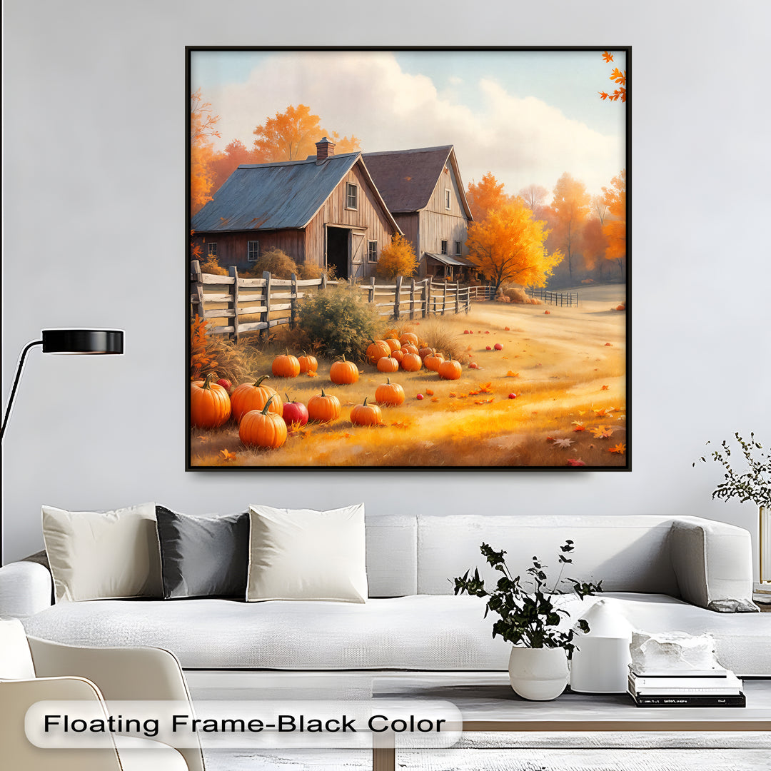 Golden Harvest Barn – Farmhouse Pumpkin Canvas Wall Art | Framed Art