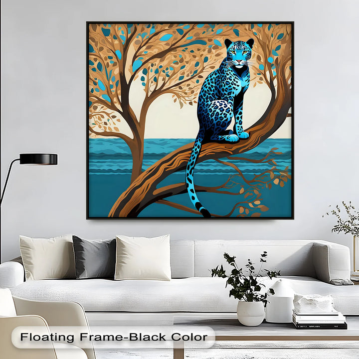 Blue Leopard in Tranquil Tree – Modern Jungle Animal Canvas Print - MyPhotoStation