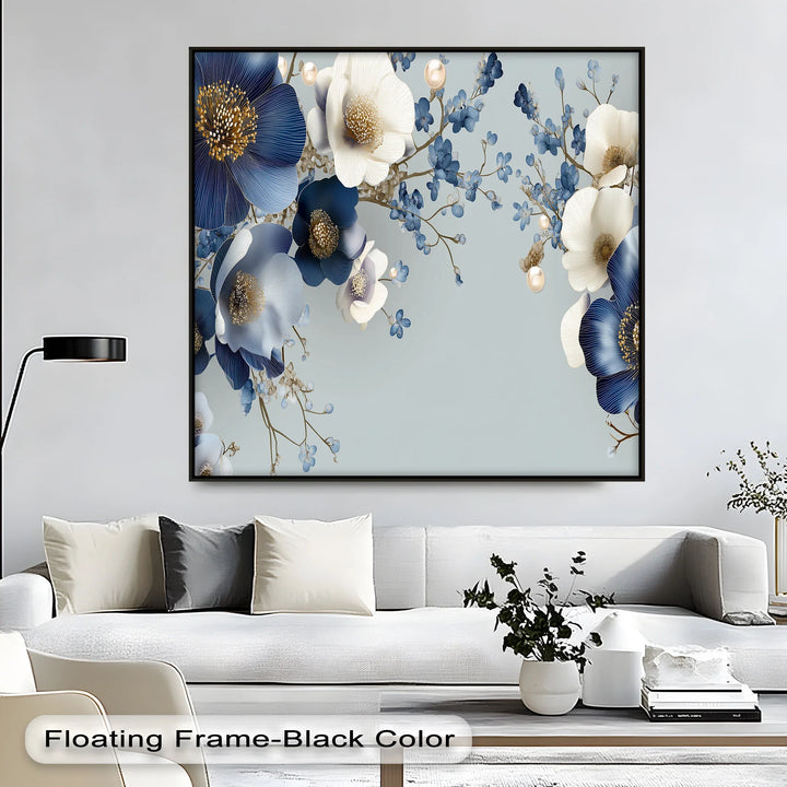 Blue and Ivory Elegance – Floral Fantasy with Pearls Canvas Print - MyPhotoStation