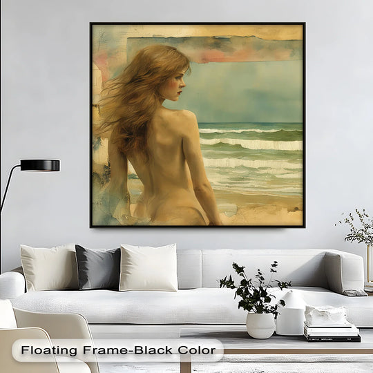 Subtle gradations meet in this Ocean Muse dreamy nude seascape canvas print, where the skin tones softly blend with the background sky in big canvas prints.