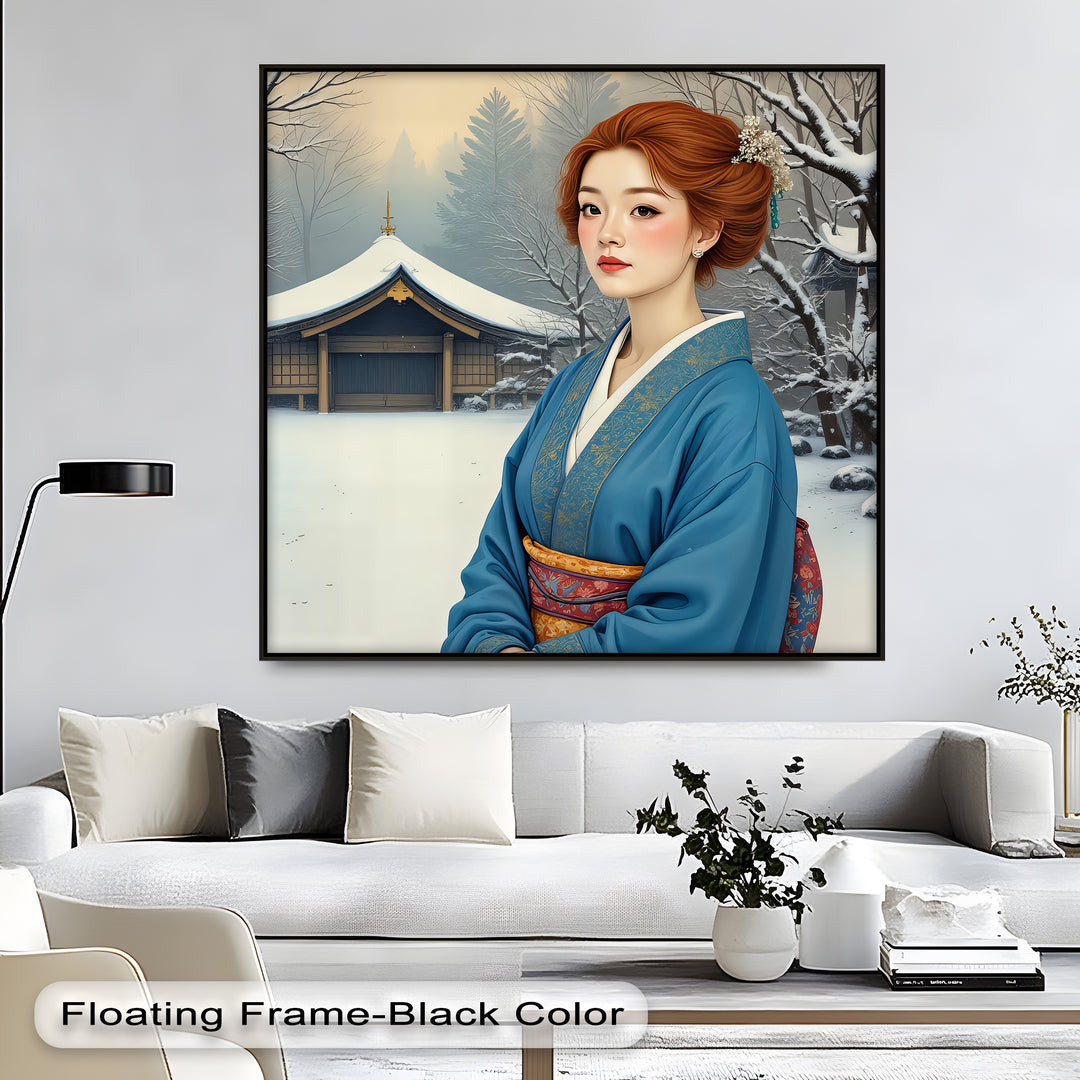 Geisha in Winter Serenity – Japanese Kimono Canvas Wall Art | Framed Canvas
