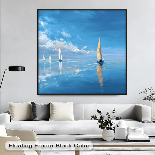 Vibrant color saturation enhances this captivating framed canvas showcasing tranquil sailboats gliding across the serene blue ocean in a coastal-inspired scene.