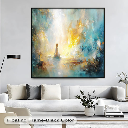 Swirling movement emanates from the meditative figure in this Inner Light Awakening abstract canvas wall decor, creating a dynamic and spiritually uplifting print.
