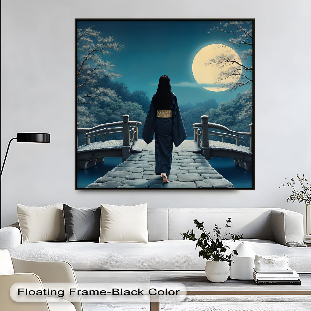 Moonlit Elegance – Japanese Geisha on Bridge Canvas Wall Art | Canvas Art