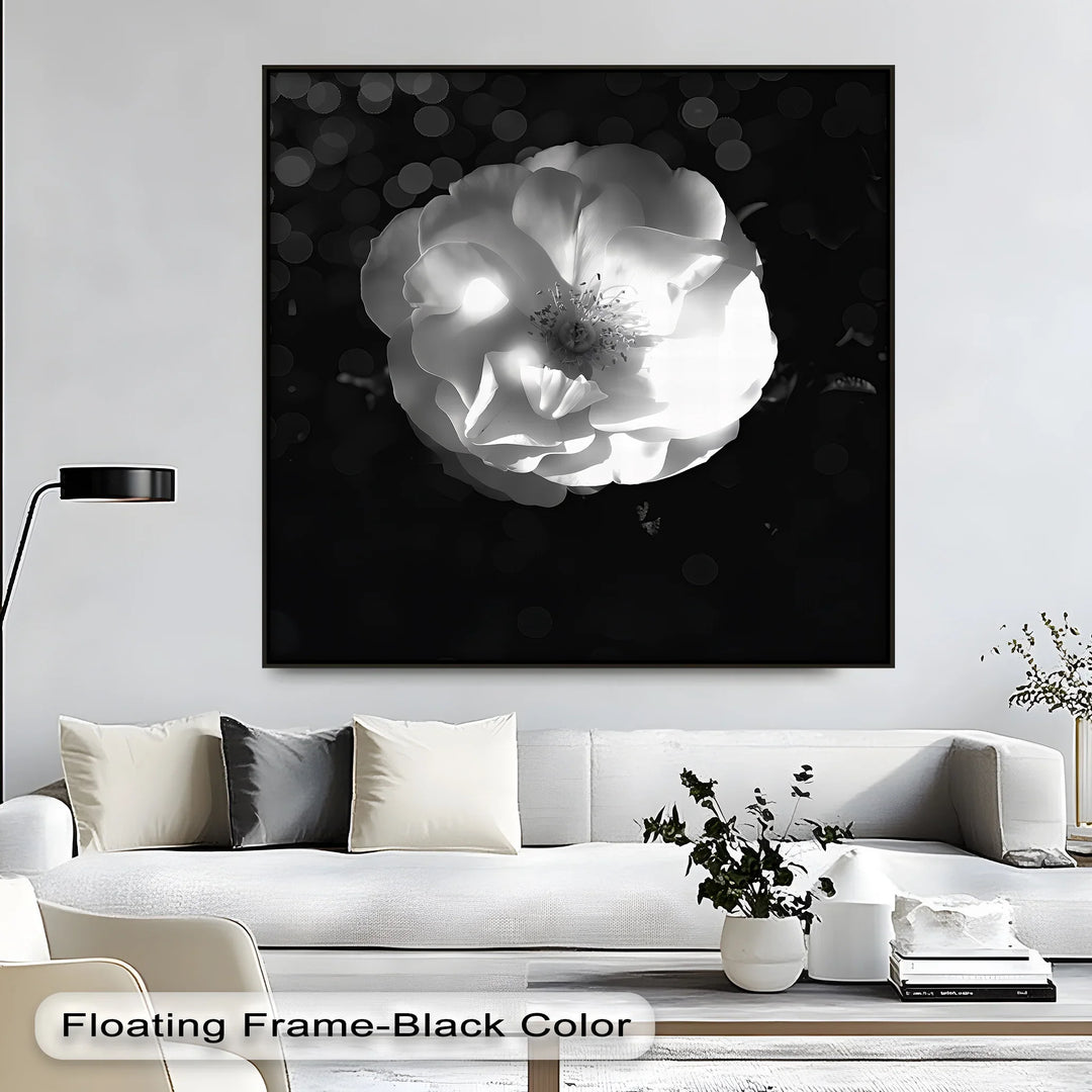 Petals in Focus – elegant black and white rose canvas.

