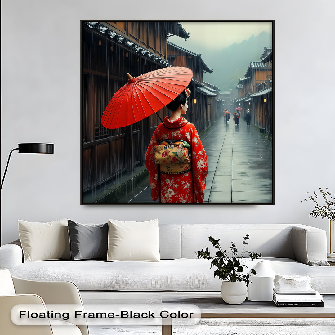 Geisha in the Rain – Japanese Street Scene Canvas Wall Art | Large Canvas