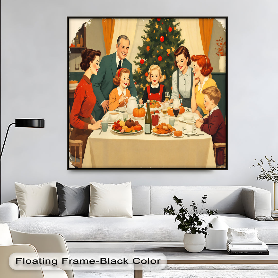 Retro Family Christmas Dinner Canvas Wall Art | Large Canvas