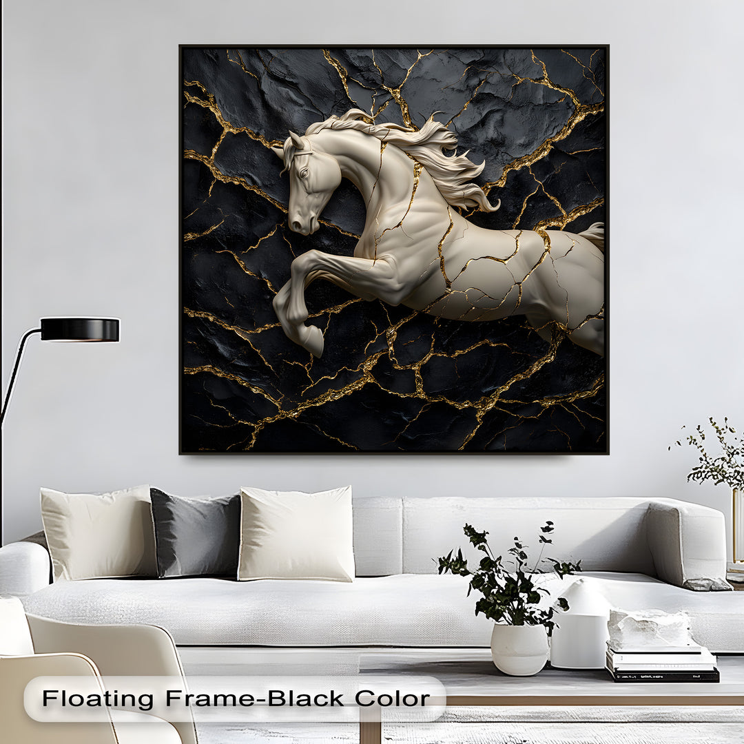 Visual rhythm resonates in this luxury black and gold canvas art prints, showcasing a fractured white horse sculpture on a dark, gold-cracked background.