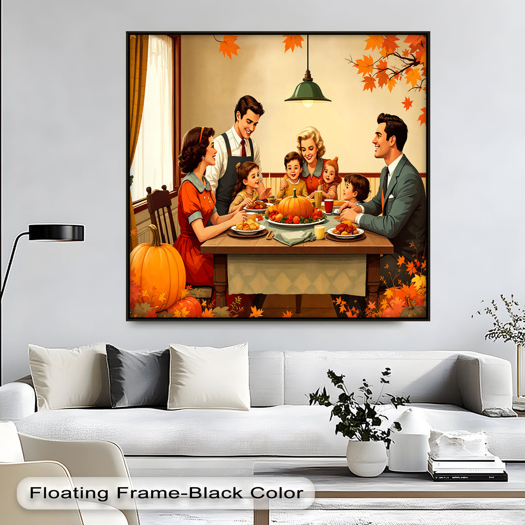 Autumn Gathering – Retro Thanksgiving Dinner Canvas Wall Art | Large Canvas