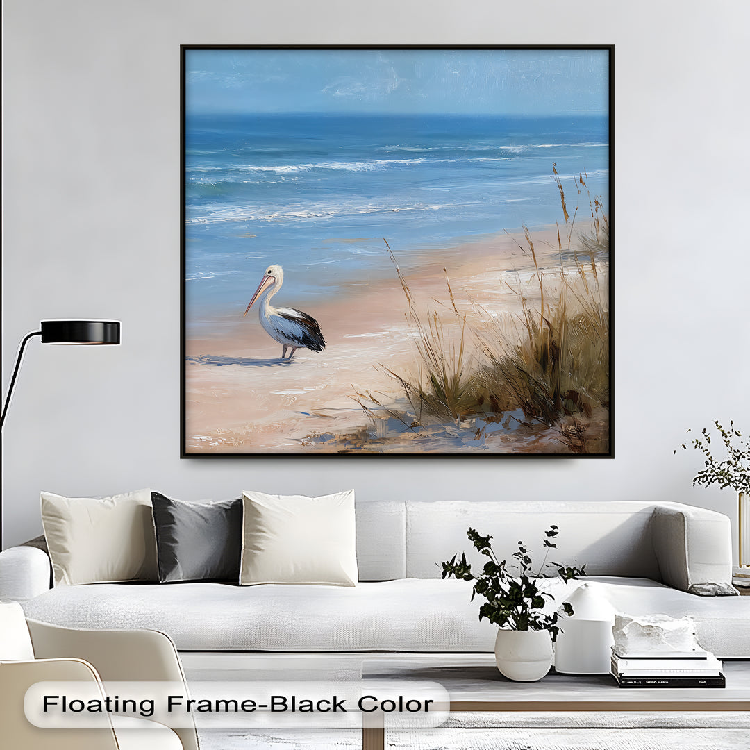 Negative space accentuates the peaceful pelican in this coastal scene canvas painting, emphasizing the calm ocean and sandy beach in this wildlife wall art.