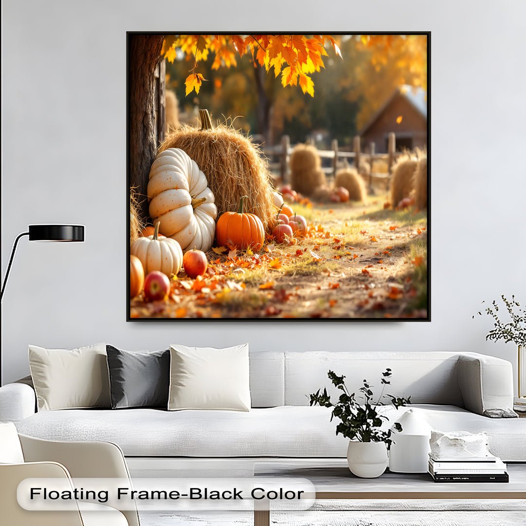 Autumn Harvest – Pumpkin and Haystack Canvas Wall Art | Framed Art