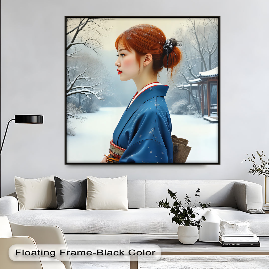Geisha in Snow Garden – Japanese Kimono Canvas Wall Art | Framed Art
