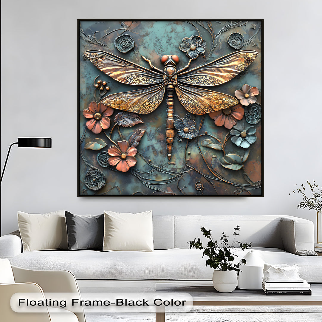 Realistic detail on this stunning 3D style dragonfly canvas artwork showcases intricate bronze wings and metallic floral textures.