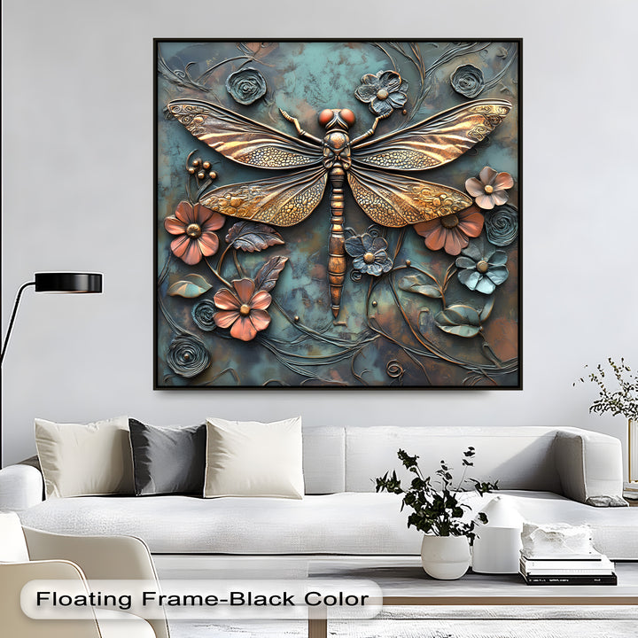 Realistic detail on this stunning 3D style dragonfly canvas artwork showcases intricate bronze wings and metallic floral textures.