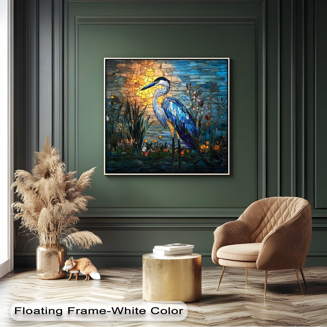 A vibrant stained glass heron with brilliant blue plumage, amidst reeds and a radiant sunset, is the central subject of these canvas art prints.