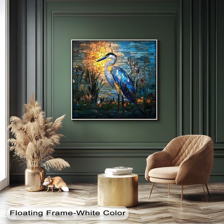 A vibrant stained glass heron with brilliant blue plumage, amidst reeds and a radiant sunset, is the central subject of these canvas art prints.
