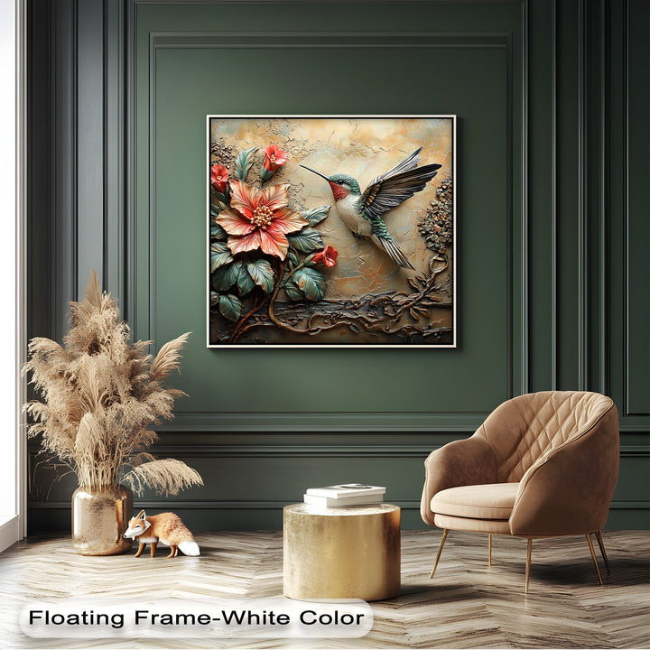 Ample negative space, formed by deep green wall paneling and a light chevron floor, accentuates the vibrant 3D hummingbird floral canvas art prints.
