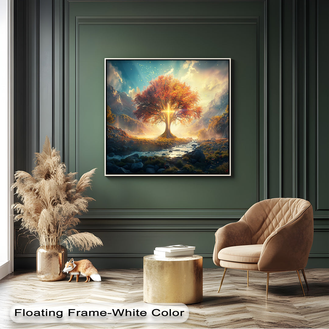 The stillness is captured in this radiant autumn tree canvas wall decor, showcasing a fantasy mountain landscape with a peaceful stream.
