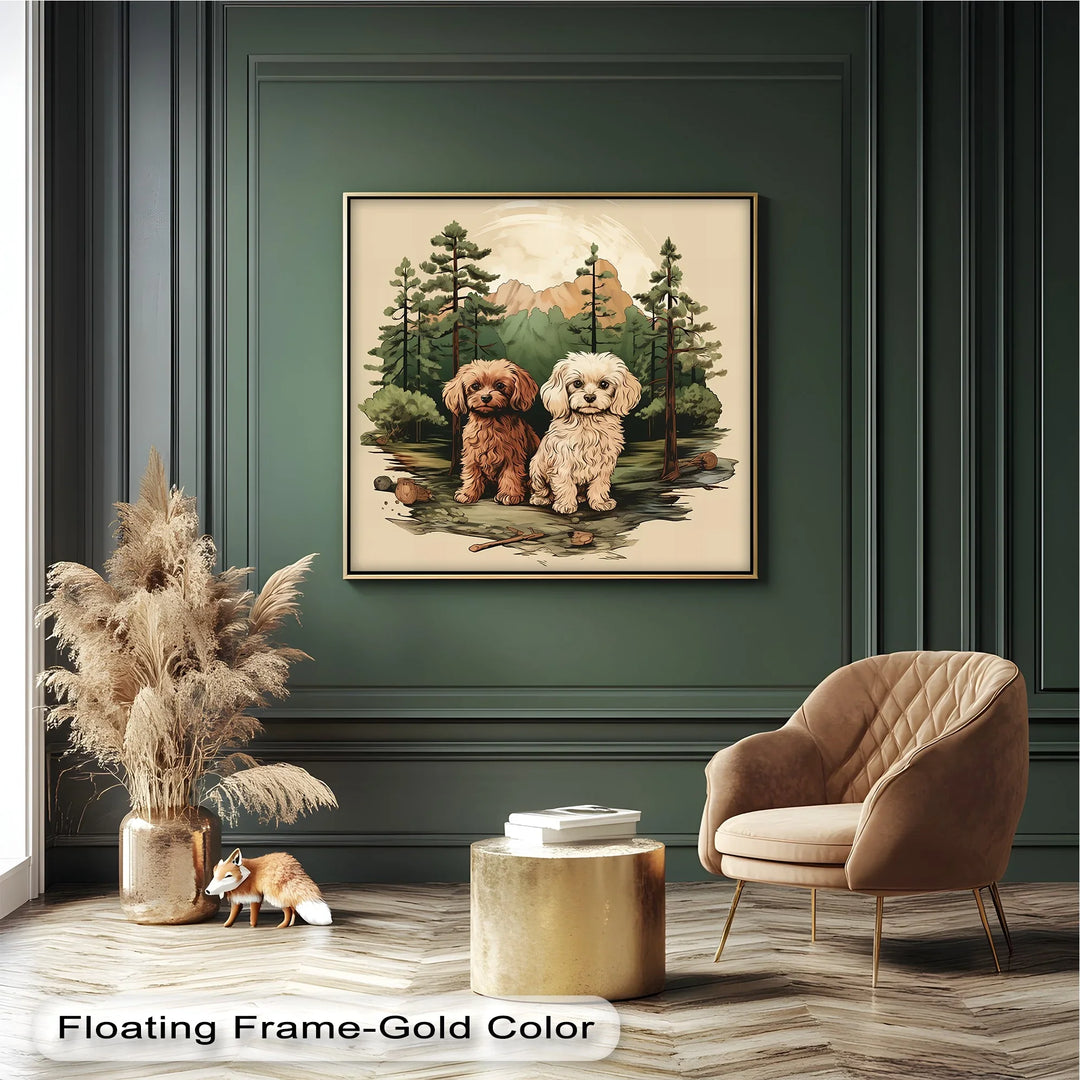 Wilderness Companions – Two Puppies in Forest Mountain Scene Canvas Print - MyPhotoStation