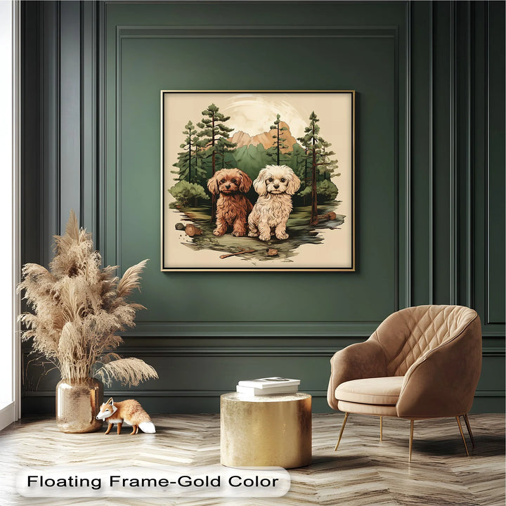 Wilderness Companions – Two Puppies in Forest Mountain Scene Canvas Print - MyPhotoStation