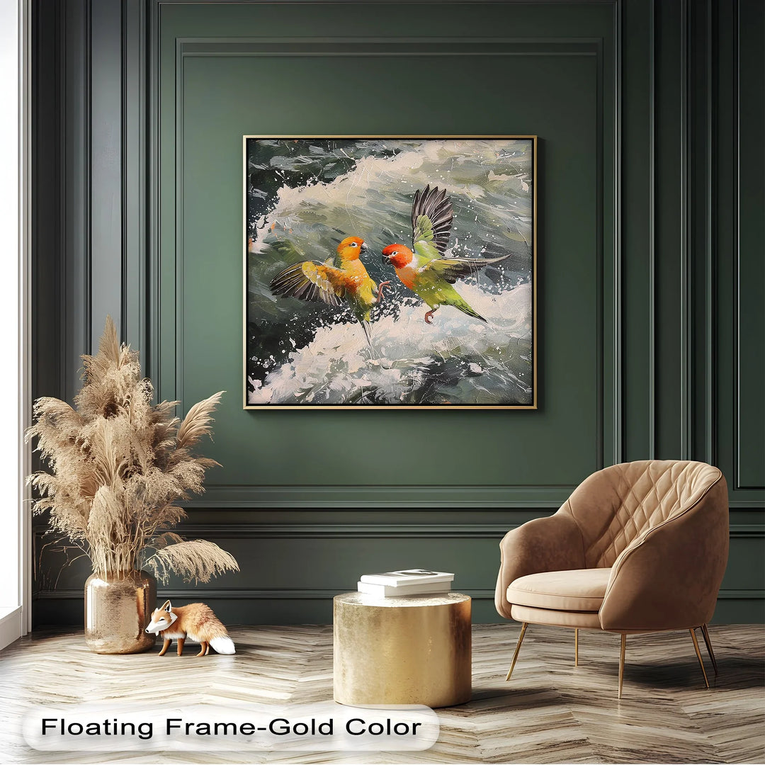 Splash of Love – Colorful Lovebirds Over Ocean Waves Animal Canvas Print - MyPhotoStation
