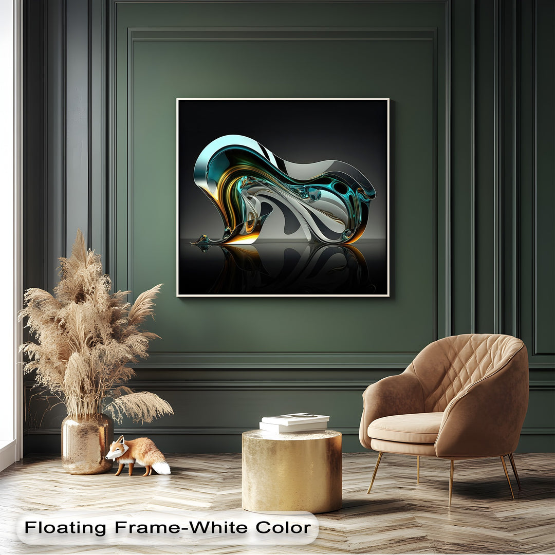Geometric elements within the Aqua Glass Flow hanging canvas showcase dynamic, reflective aqua, gold, white, and black abstract wall art forms.