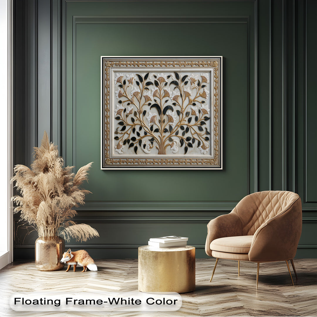 Deep forest green walls highlight a luxurious unique canvas print featuring a gold botanical floral ornament wall art design.