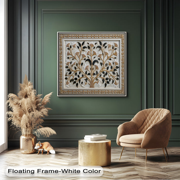 Deep forest green walls highlight a luxurious unique canvas print featuring a gold botanical floral ornament wall art design.