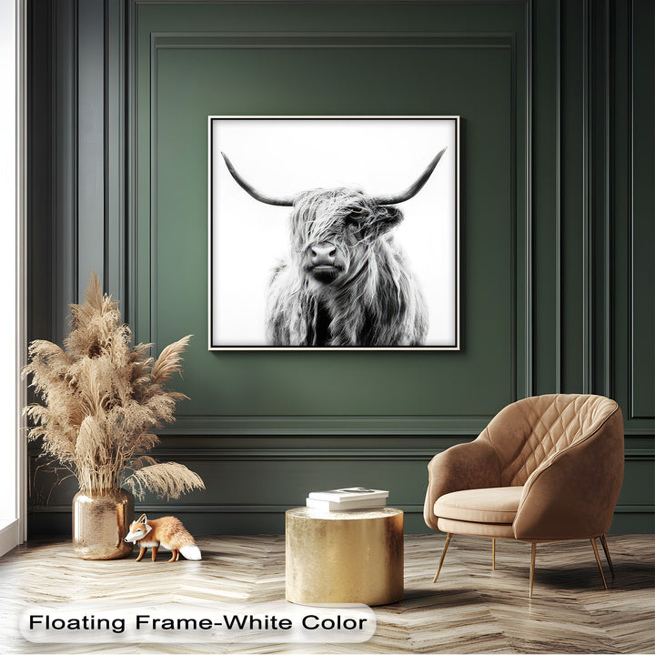 A vertically oriented, rectangular framed canvas presents a striking minimalist Highland Cow for elegant farm animal wall art.