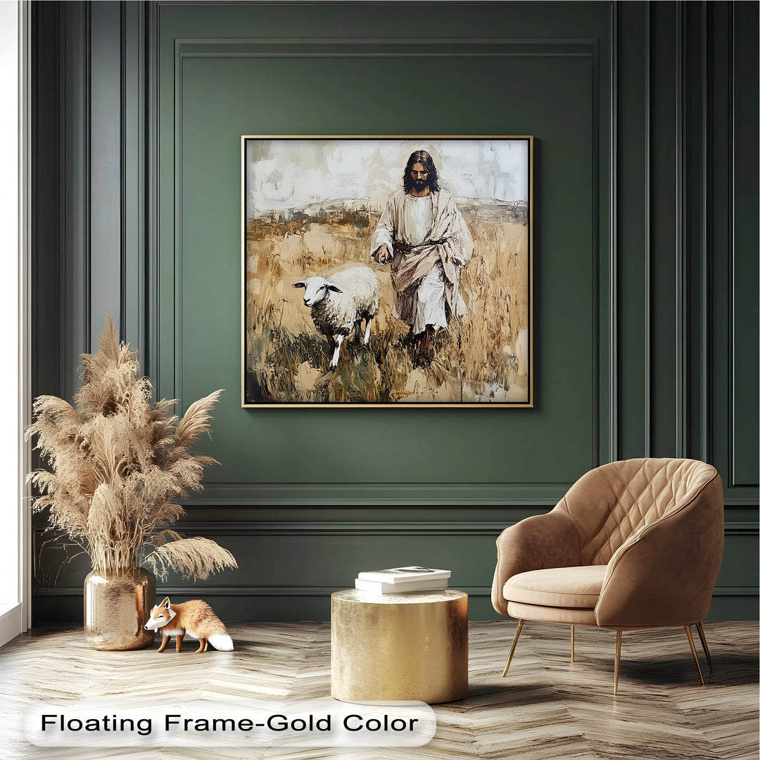 Peaceful pasture – spiritual artwork of Jesus and lamb.

