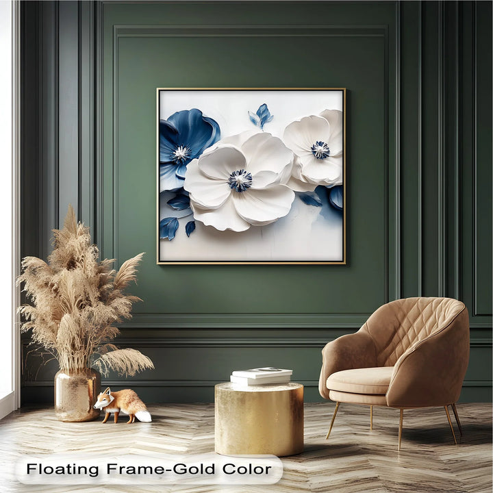 Blue Serenity Blooms – White and Navy Floral Canvas Wall Art - MyPhotoStation