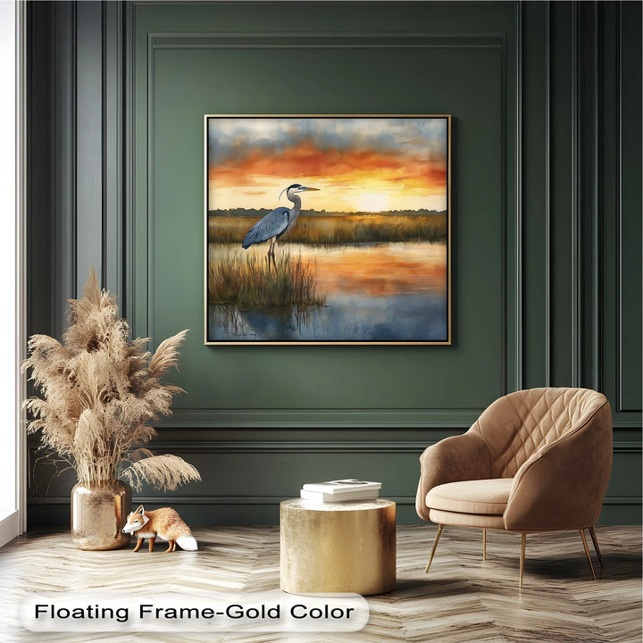 Sunset Stillness – majestic heron art on canvas with glowing water reflections.

