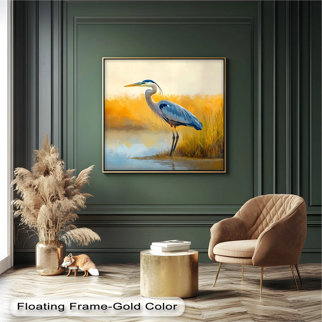 Wading Grace – realistic heron canvas wall decor in soft pastels.

