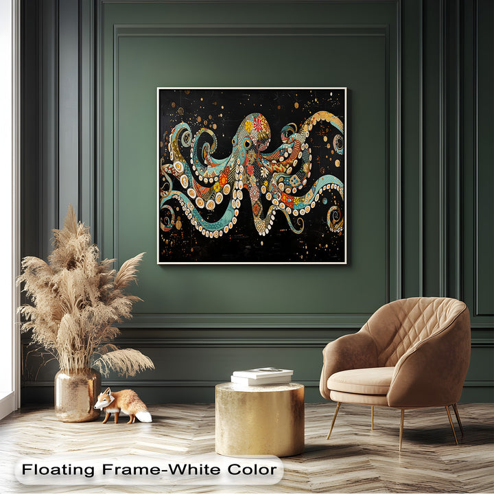 This abstract canvas artwork showcases a vibrant mosaic octopus with richly patterned, swirling tentacles and gold speckled details on a dark background.